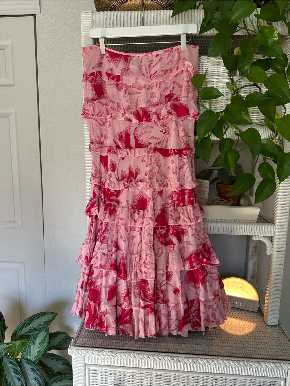 Pink Floral Tiered Ruffle Maxi Skirt